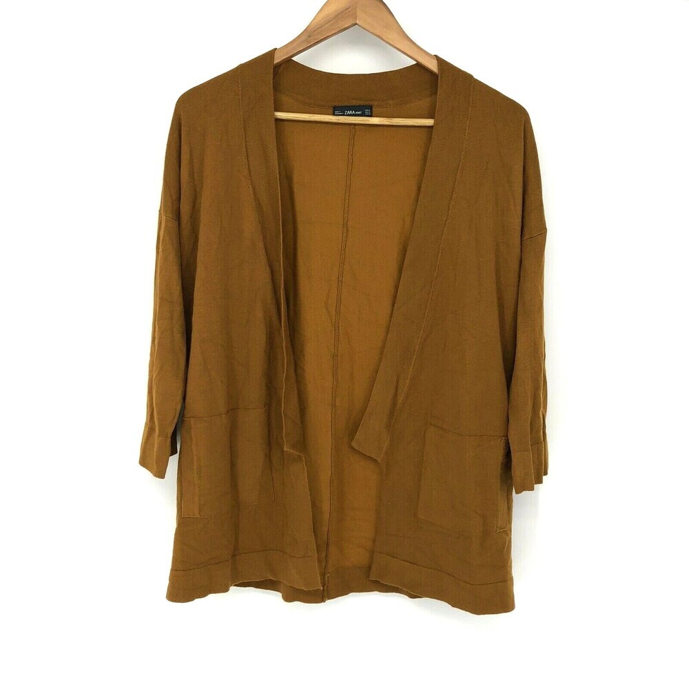 Zara Burnt Marigold Open Front 3/4 Sleeve Cardigan Sweater Viscose Medium